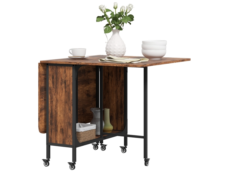  Table pliante à 6 roulettes avec étagère de style industriel en bois et métal, marron rustique  - Conforama A