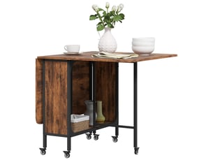 Table pliante à 6 roulettes avec étagère de style industriel en bois et métal, marron rustique