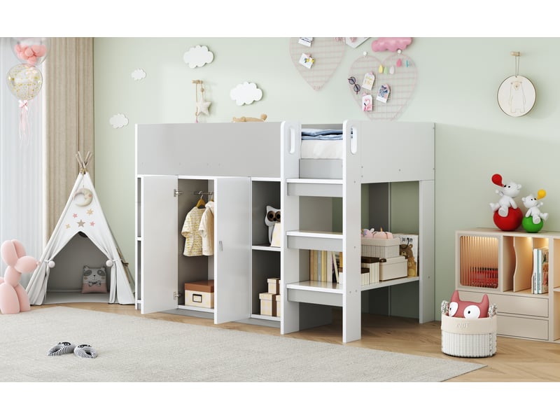  Lit superposé enfant 90x200 cm gris bois avec rangement armoire étagères et échelle structure stable Sol Morn - Conforama D