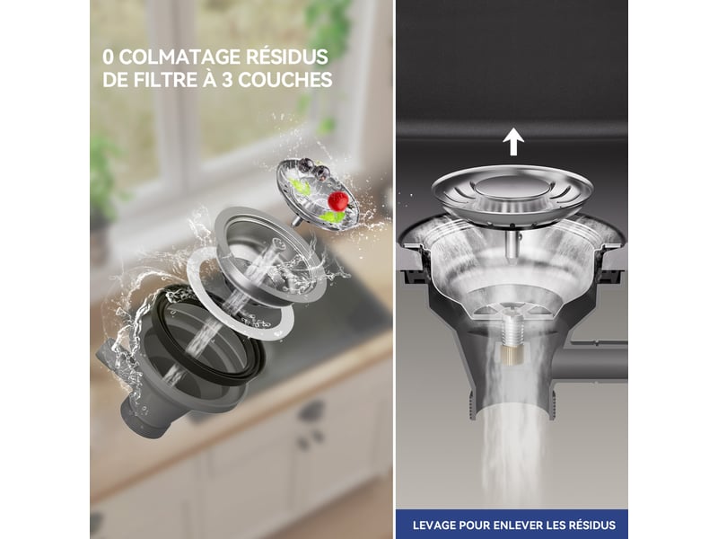  Anycee max évier en granit 70x46cm - évier de cuisine - évier simple avec panier égouttoir et siphon - kit d’évacuation et trop-plein  - Conforama D
