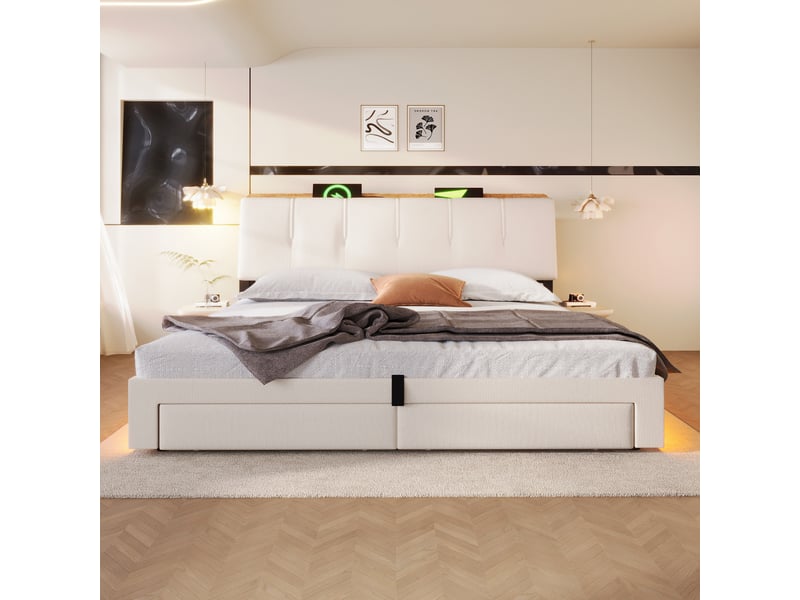 Lit coffre 180x200 cm, lit double, rangement hydraulique, led, lin beige, usb et usb-c  - Conforama R