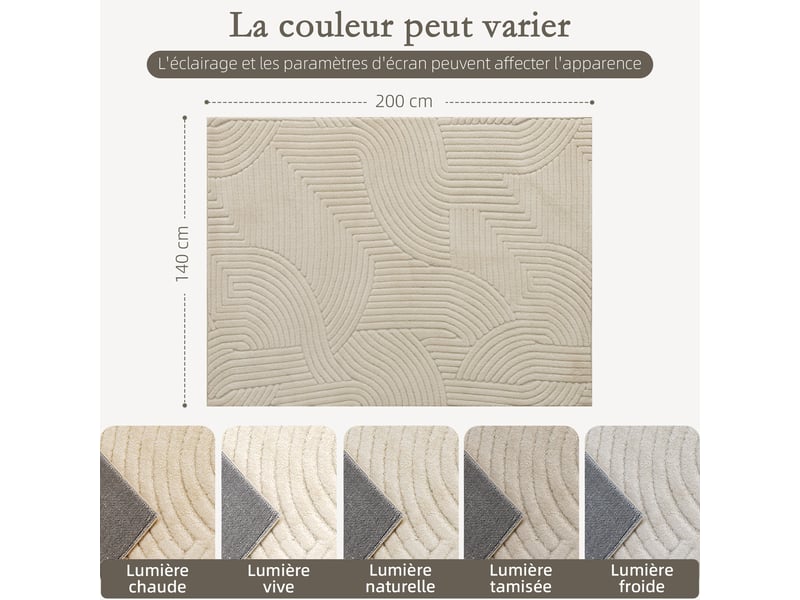  Tapis salon 200 x 140 cm, tapis à poils épais géométrique, crème, moelleux et antidérapant  - Conforama C