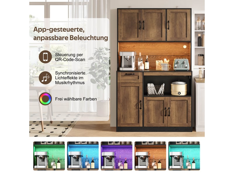  Armoire de rangement haute cuisine avec éclairage led et prises, buffet 6 portes et 1 tiroir, vitrine pour salon et salle à manger, 110 × 40 × 180 cm  - Conforama E