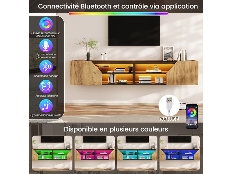  Meuble tv mural, 180 x 36,5 x 40 cm, noir et finition bois, meuble suspendu avec 2 portes au design géométrique, 6 espaces de rangement  - Conforama E