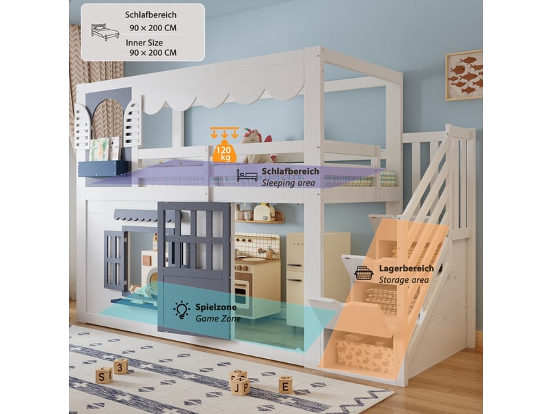 Lit mi-hauteur enfant 90 x 200 cm, lit mezzanine avec escalier rangement et barrières - Conforama E