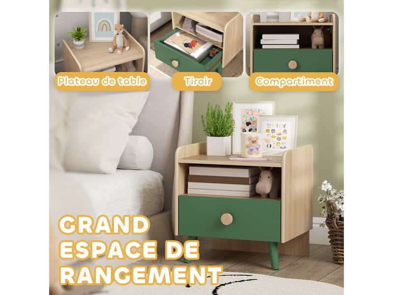  Lot de 2 tables de chevet enfant 40 x 32,5 x 40 cm rangement tiroir et niche nettoyable scandinave épuré en mdf vert 21_0000259  - Conforama C