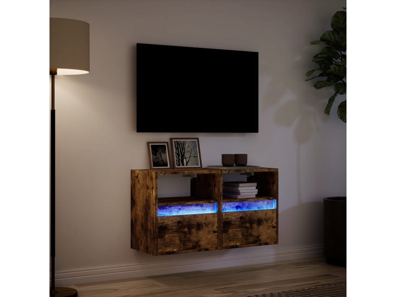  Lot de 2 meuble tv mural avec lumières led chêne fumé 41x31x45 cm shl4072  - Conforama E