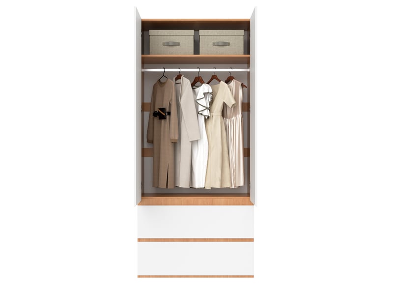  Armoire 2 portes avec rangement supérieur, 90 x 50 x 200 cm, 2 tiroirs et tringle, blanc et bois clair, pour chambre  - Conforama A