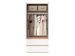 Armoire 2 portes avec rangement supérieur, 90 x 50 x 200 cm, 2 tiroirs et tringle, blanc et bois clair, pour chambre