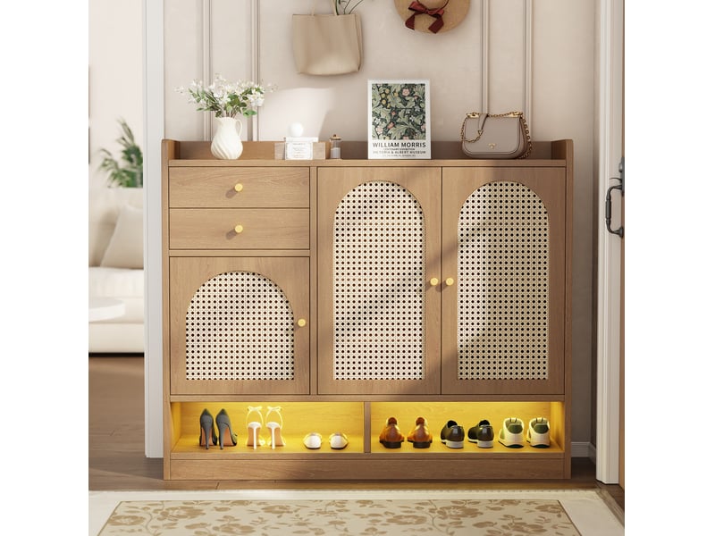  Meuble à chaussures 120x35x100 cm avec 3 portes en rotin et 2 tiroirs, led mdf couleur naturel, design simple  - Conforama B