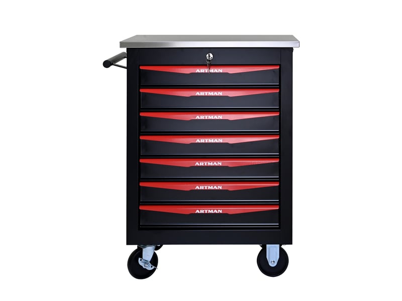  Desserte d'atelier 7 tiroirs 62,5 x 34,5 x 78 cm noir et rouge, acier avec plateau de travail inoxydable  - Conforama A