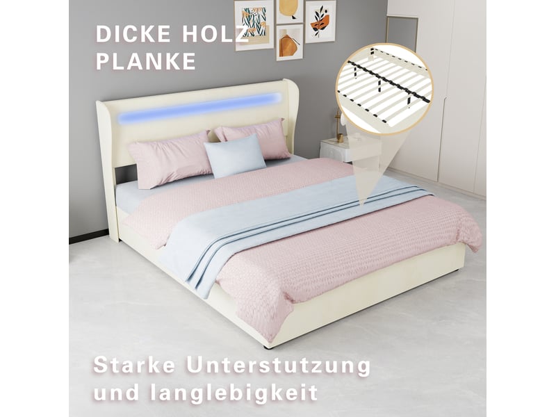  Lit coffre 2 places 160x200 cm avec rangement, led et matelas inclus beige  - Conforama D