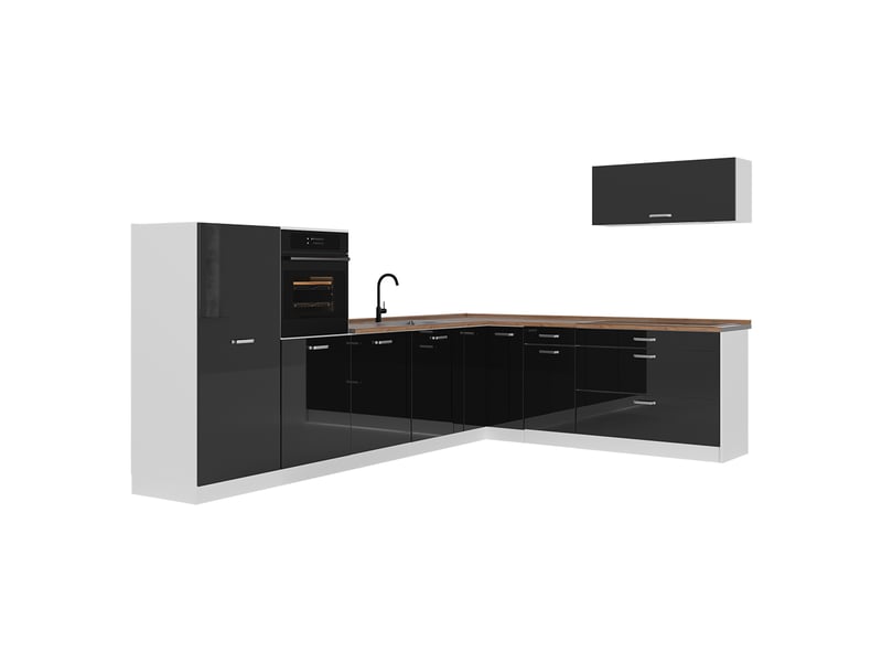  Vicco cuisine en angle, noir haute brillanceblanc, 327 x cm plan de travail chêne doré  - Conforama A
