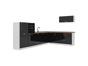 Vicco cuisine en angle, noir haute brillanceblanc, 327 x cm plan de travail chêne doré