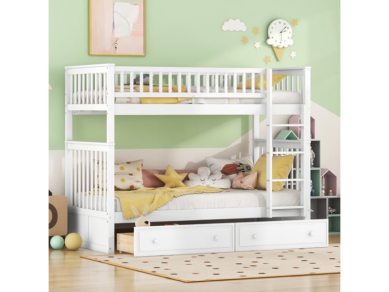  Lit superposé enfant 90x200 cm en bois, lit superposé avec tiroirs de rangement, séparable en deux lits simples, cadre blanc  - Conforama D