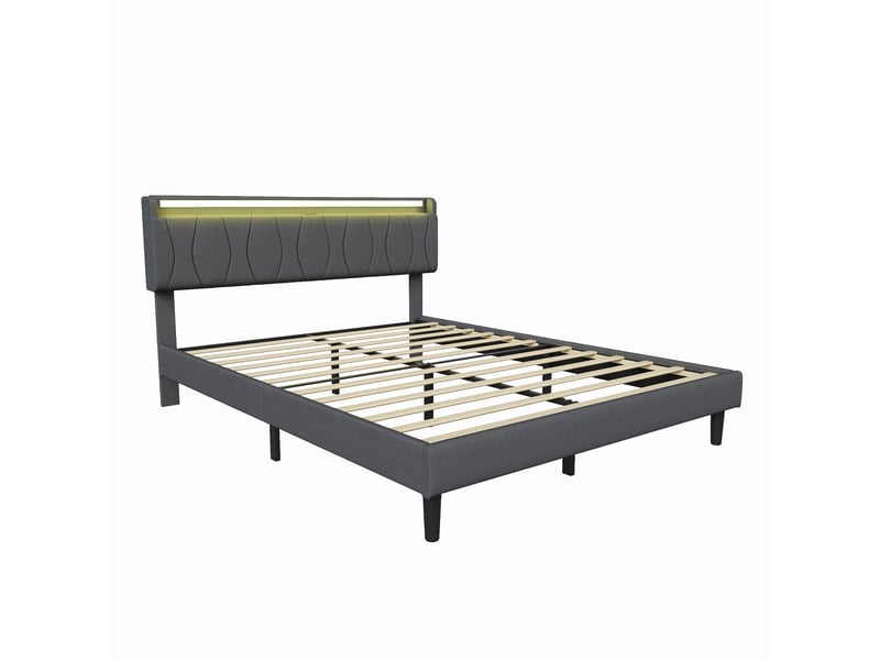  Lit adulte 2 places 140x200 cm avec tête de lit, lit double, led, rangement sous le lit, ports usb et type-c, lin gris  - Conforama E