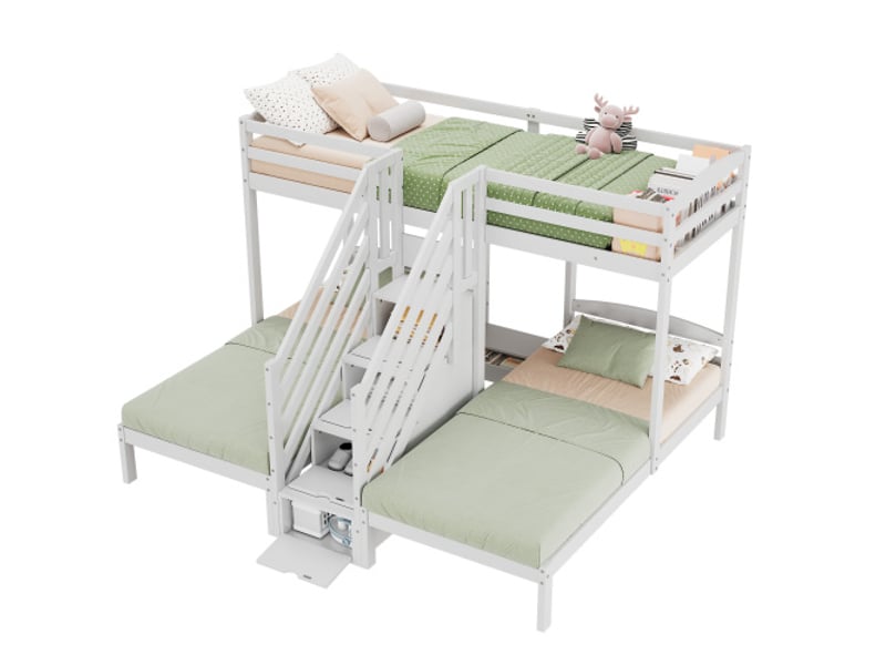 Lit superposé, 90 x 200 cm, 3 couchages, en pin, échelle escamotable avec tiroirs, barrière de sécurité, conforme à la norme en 747, sans matelas, blanc - Conforama A