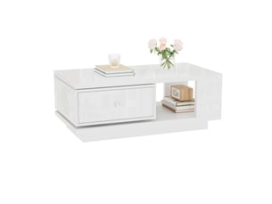 Table basse 90 x 48 x 35 cm, tiroir pivotant, niche ouverte, finition brillante, mdfpanneaux de particules, blanc