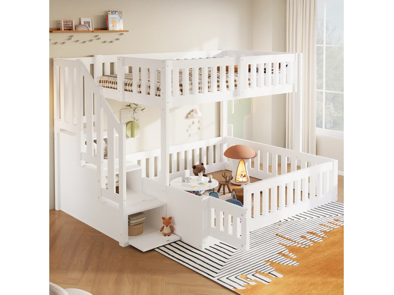  Lit superposé 90 × 200 et 140 × 200 cm avec escalier à rangements, barrières de protection et portillon, blanc  - Conforama B