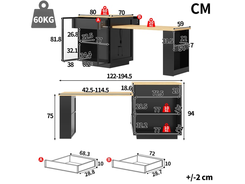  Îlot central table repas extensible 122-194,5x70x94 cm, vitrine double porte+tiroir, led app usb, mdf métal noir  - Conforama C