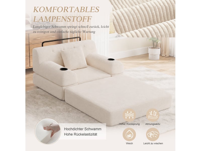  Canapé convertible 1 place 107x80x81 cm – beige – dossier haut, repose-pieds et rangements intégrés  - Conforama E