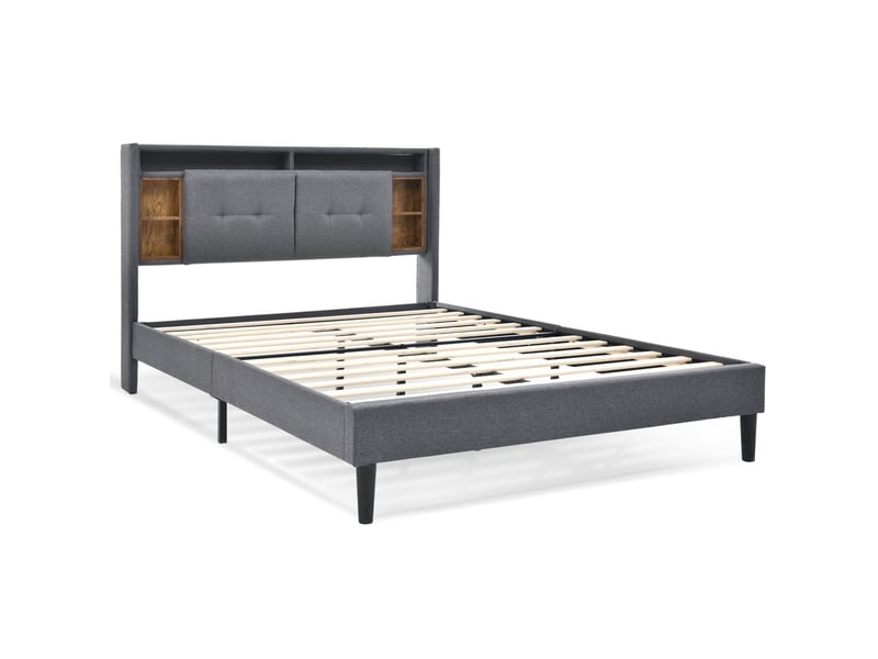  Lit double 140 x 200 cm gris avec tête de lit rangement, led, usb et matelas  - Conforama A