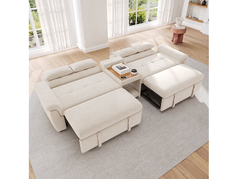  Canapé convertible u 284x138x89 cm, dossier inclinable, double couchage relevable, deux porte-gobelets, tissu, beige  - Conforama D