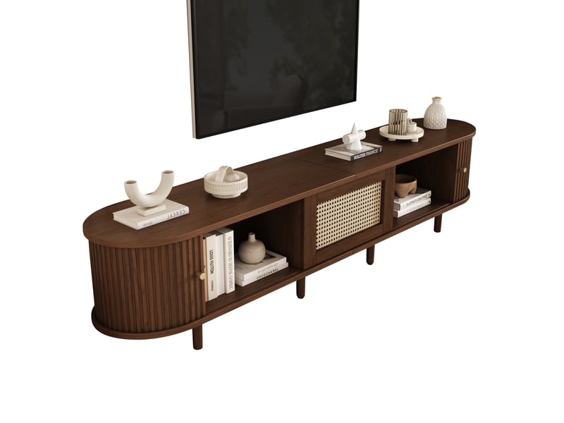 Meuble tv ovale 180 cm avec design en rotin, 2 portes, pieds réglables, noyer foncé - Conforama A