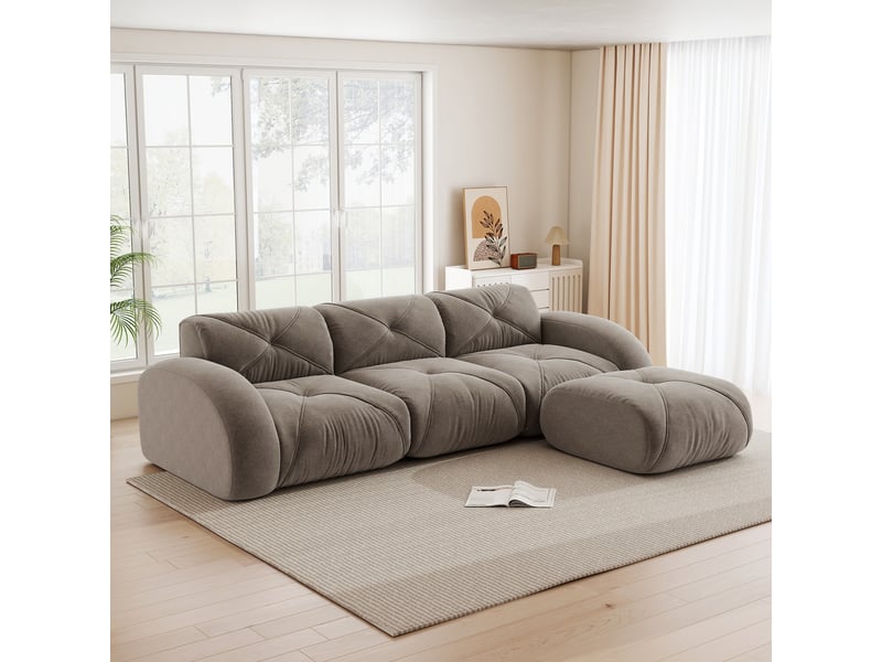 Canapé modulaire 3 places en chenille avec assise moelleuse et structure sans cadre, taupe - Conforama D