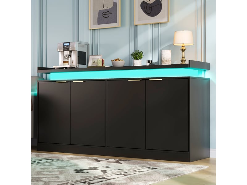 Buffet noir avec led 160 cm salle à manger, meuble de rangement 4 portes en mdf, commode moderne - Conforama W