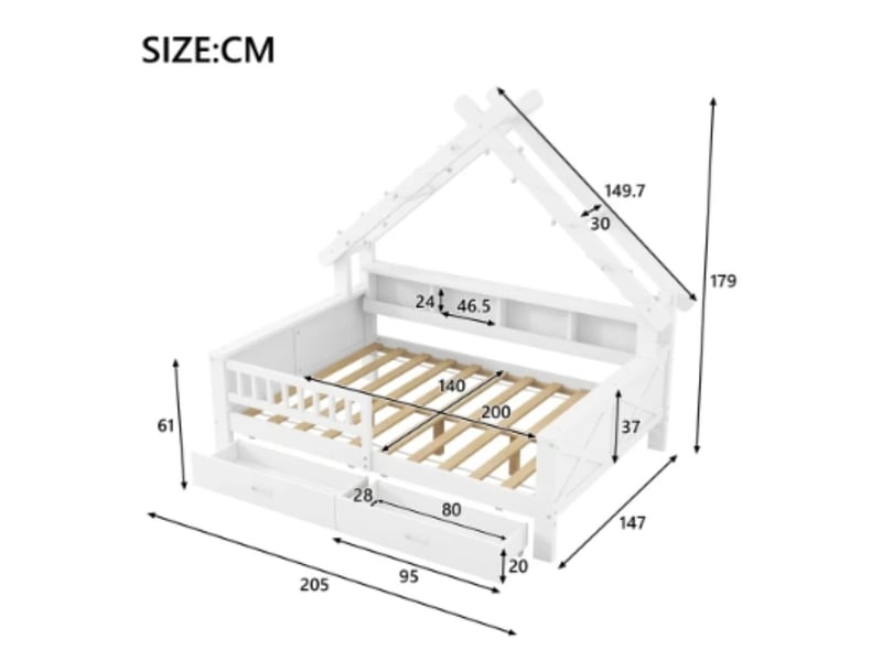  Lit superposé 90×200 + 140×200, toboggan, garde-corps, pin, en747, blanc  - Conforama C