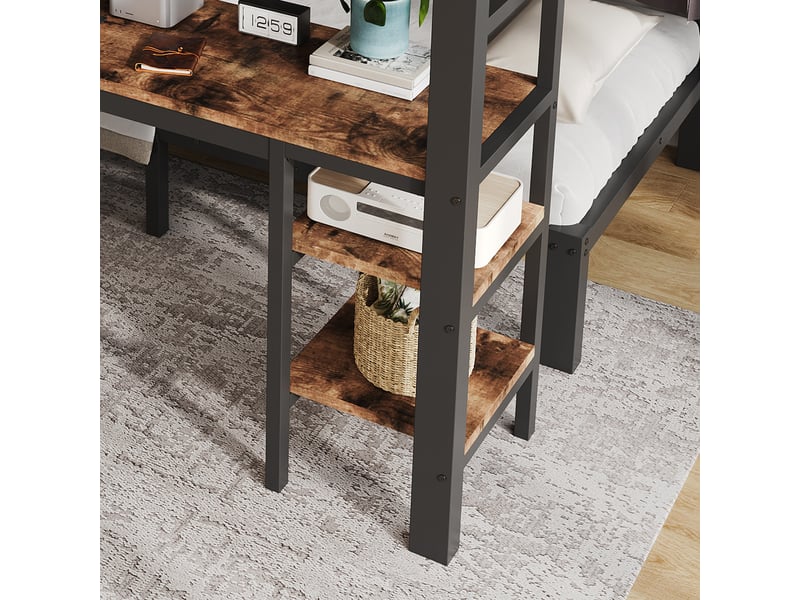Lit superposé 140×200 cm et 90×200 cm 3 places avec bureau, prise et usb, métal noir décor bois sans matelas - Conforama D
