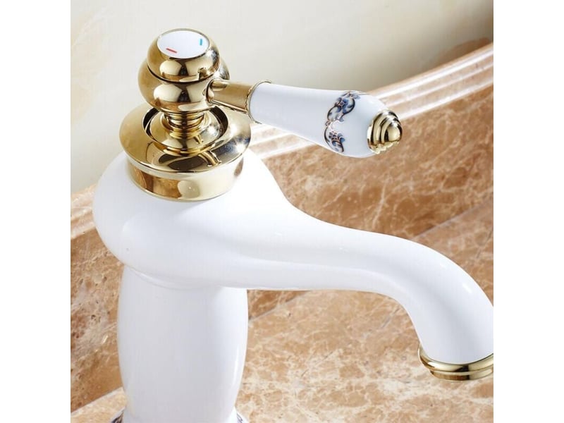  Céramique antique laiton robinet lavabo salle bains, bleublanc porcelaine long cou vintage, mitigeur évier cuisine, eau froidechaude (blanc)  - Conforama C