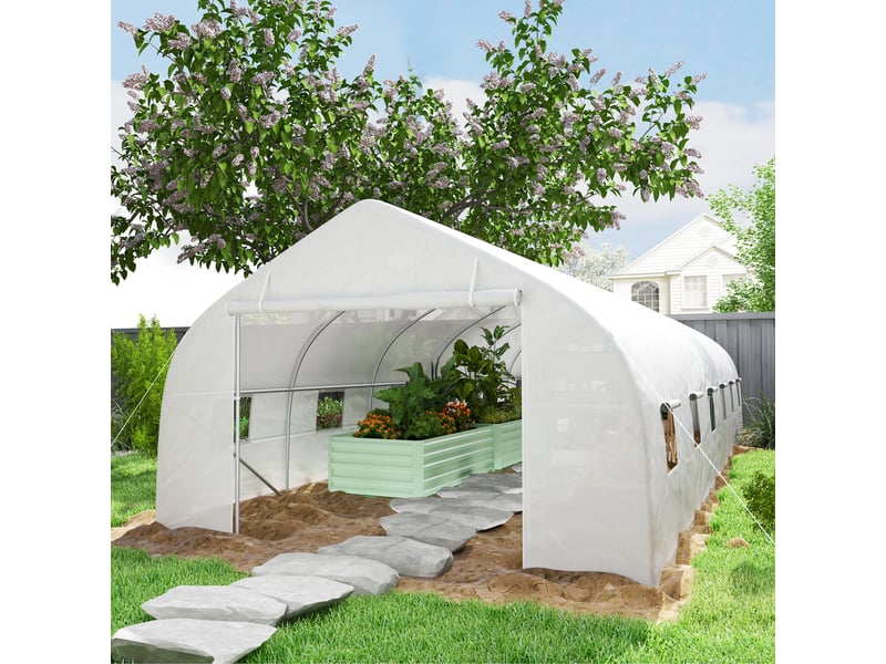  Serre de jardin tunnel grande taille avec bâche pe cadre en acier porte enroulable et 12 fenêtres 8 x 3 x 2 m blanc  - Conforama D