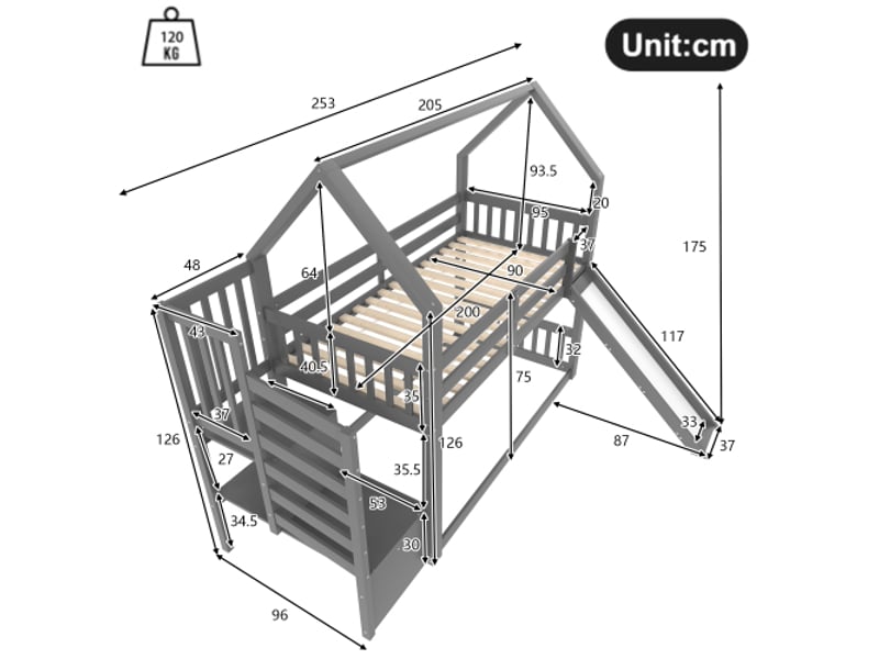  Lit superposé 90x200 cm, lit enfant cabane avec escalier de rangement et toboggan, barrière de sécurité, gris, sans matelas  - Conforama C