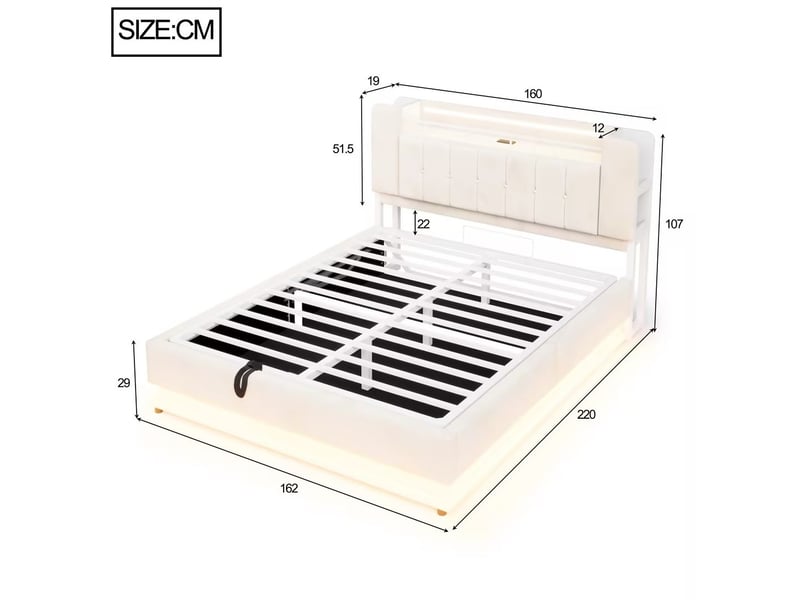  Lit double 160 × 200 cm avec coffre hydraulique, led, prises usb et rangement de tête en velours beige pour chambre  - Conforama C