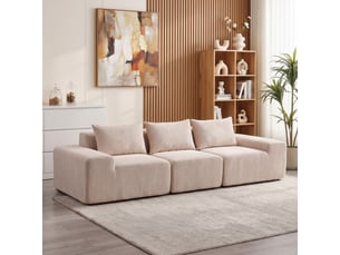 Canapé design arrondi 3 places 3 coussins larges accoudoirs tissu chenille beige