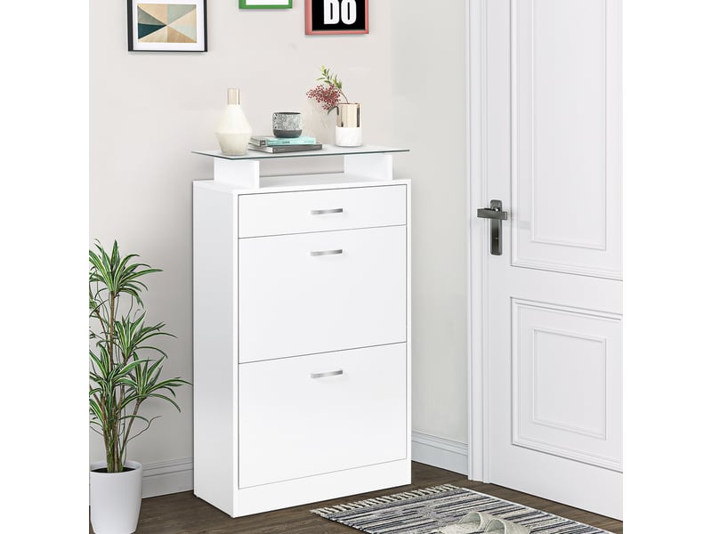  Meuble à chaussures à 3 tiroirs, étagère en verre et poignée en aluminium pour entrée, 60 x 24 x 105,5 cm, blanc  - Conforama B