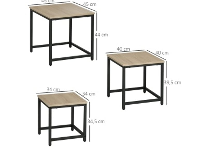  Tables basses gigognes set de 3 avec plateau effet bois, structure en acier et pieds réglables pour salon  - Conforama C