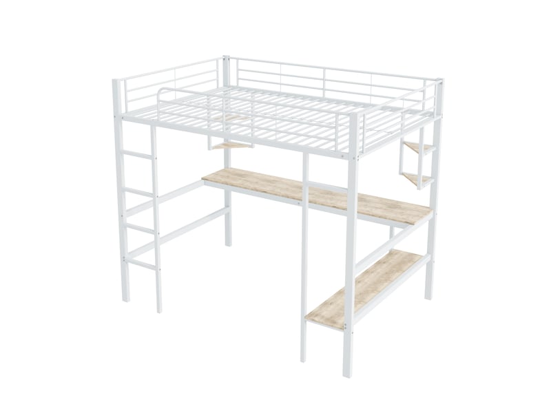 Lit mezzanine blanc 140x200 cm avec bureau, 4 étagères et grande bibliothèque - Conforama E