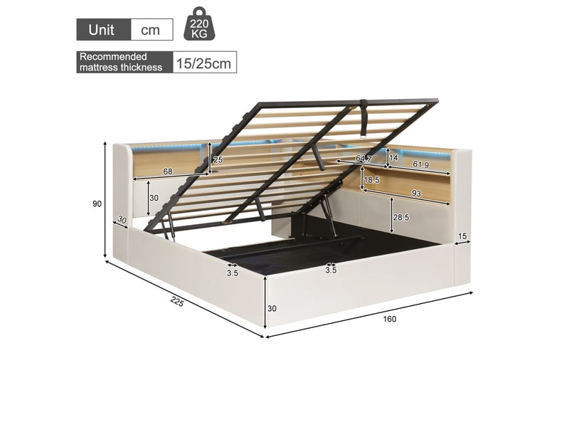  Lit banquette 140 × 200 cm 2 places avec coffre, led, usb et type-c, sans matelas, en velours beige  - Conforama D
