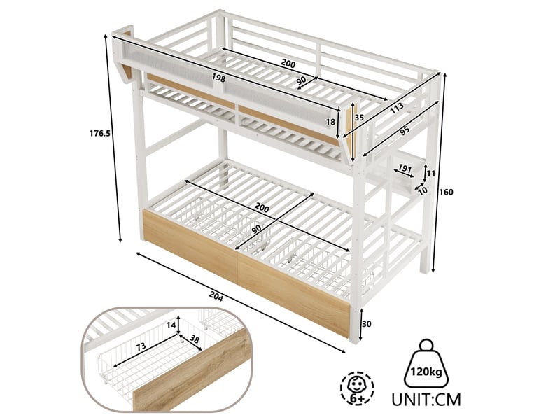  Lit mezzanine 90x200 cm, lit surélevé avec rangement, 2 tiroirs, étagère, panier, led via application, métal (sans matelas), blanc CozyNest - Conforama C