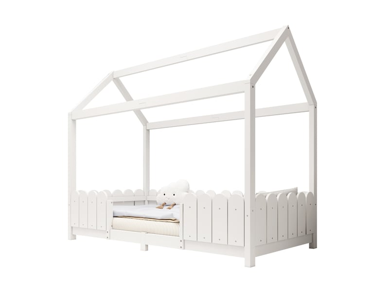 Lit cabane enfant 90x200 cm blanc avec barrières de sécurité et sommier à lattes - Conforama A