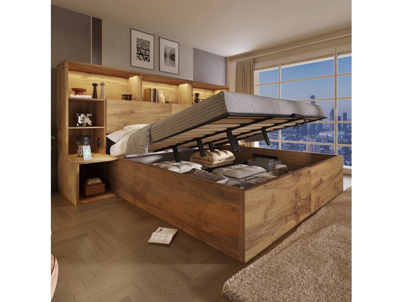 Lit avec rangement 160 x 200 cm avec led, ports usb-c, tables de nuit intégrées, en bois couleur chêne - Conforama E