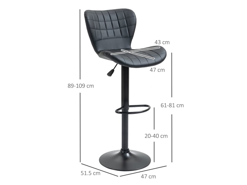 Tabouret de bar pivotant et réglable en hauteur avec dossier capitonné, en simili cuir noir - Conforama D