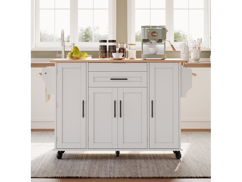  Desserte mobile de cuisine 136x70x92 cm blanc et naturel en mdf, plateau extensible et rangement à roulettes  - Conforama B