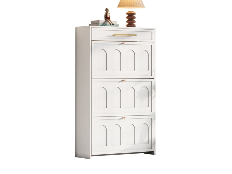 Meuble à chaussures ulevr avec 6 compartiments et tiroir, 70 x 25 x 123,5 cm, mdf blanc, portes abattantes - Conforama A