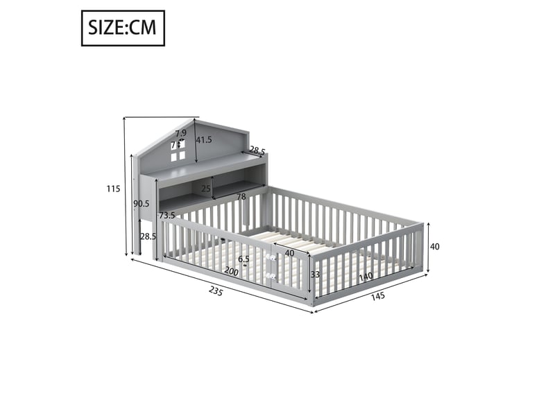  Lit enfant cabane 140x200 avec rangement, barrière et sommier à lattes evryae  - Conforama E