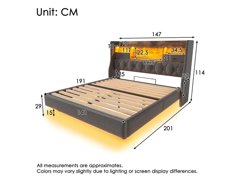  Lit double avec tête de lit 140×190 cm led, usb, type-c et rangement  - sans matelas lin gris  - Conforama D