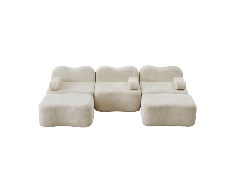  Canapé panoramique en u modulaire 3 places avec assises profondes et poufs, pour salon, en velours beige  - Conforama A
